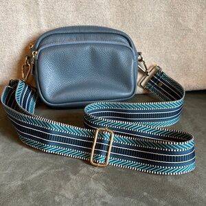 Blue Leather Crossbody Bag with Patterned Strap by Pom Pom London